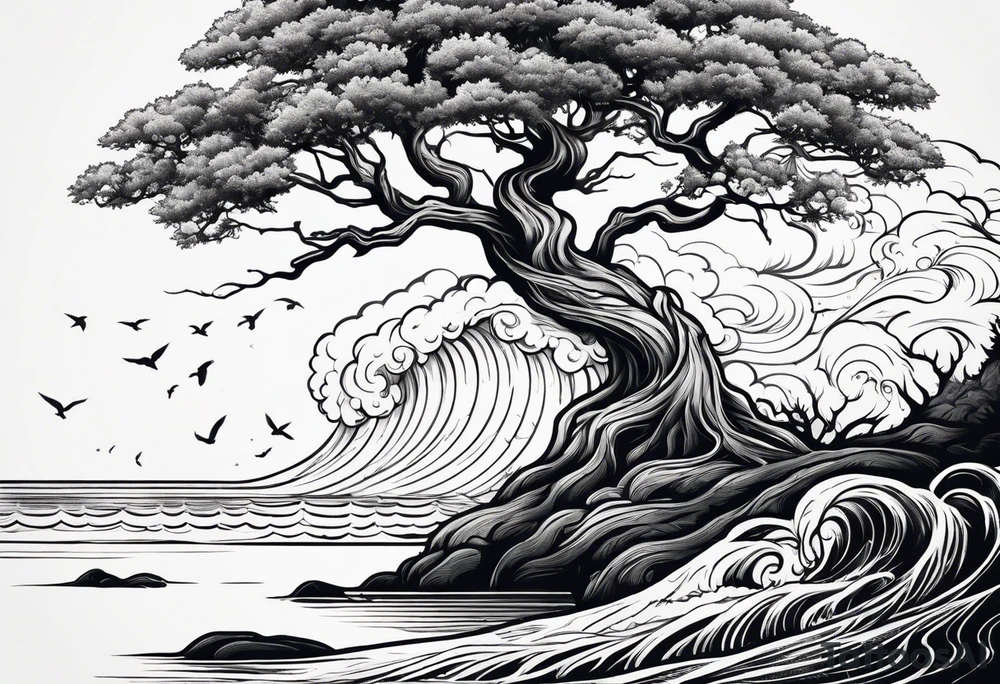 tall oak tree with roots growing around calming waves and a phoenix for forearm tattoo idea