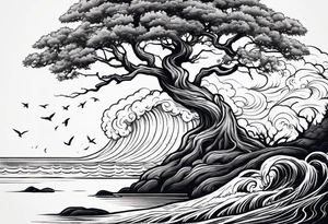 tall oak tree with roots growing around calming waves and a phoenix for forearm tattoo idea