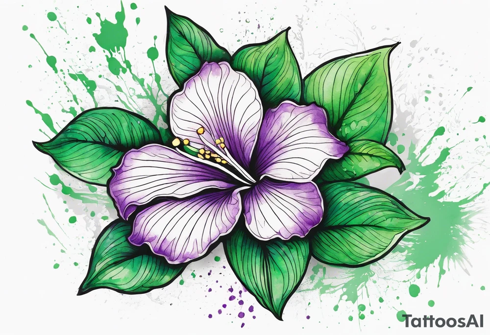 An outline of a rio dipladenia flower with a green/purple watercolor splash in the background tattoo idea