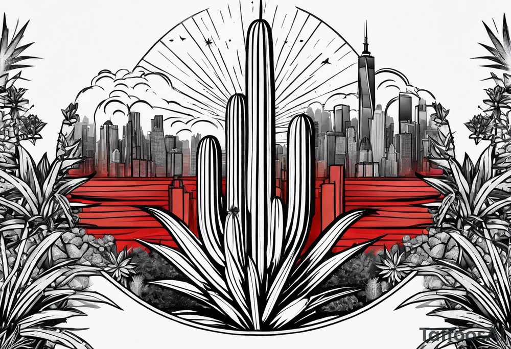 Crest with a hood on top,
13 rays of red and weld-yellow on the top half. NYC sky line
a cactus on the left side and a royal palm on the right side tattoo idea