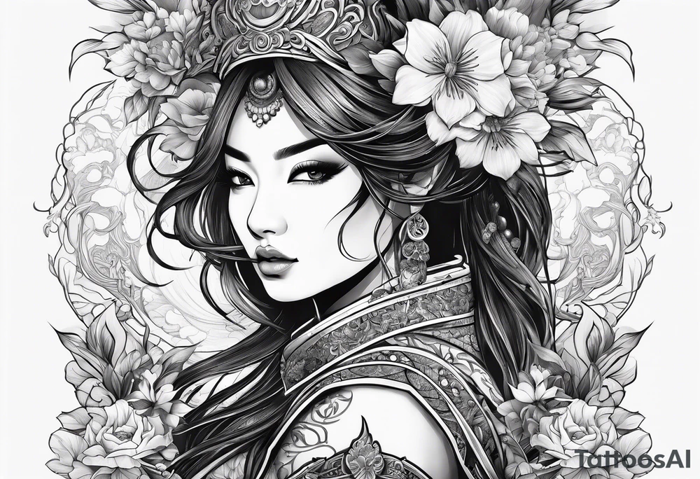 ornate beautiful woman warrior with weapon & floral surrounding tattoo tattoo idea