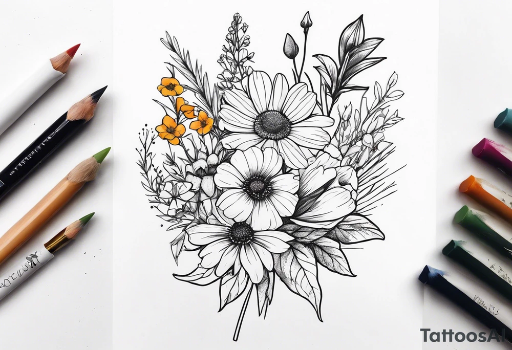 saturated mixed wildflower bouquet detailed with color tattoo idea