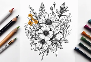 saturated mixed wildflower bouquet detailed with color tattoo idea