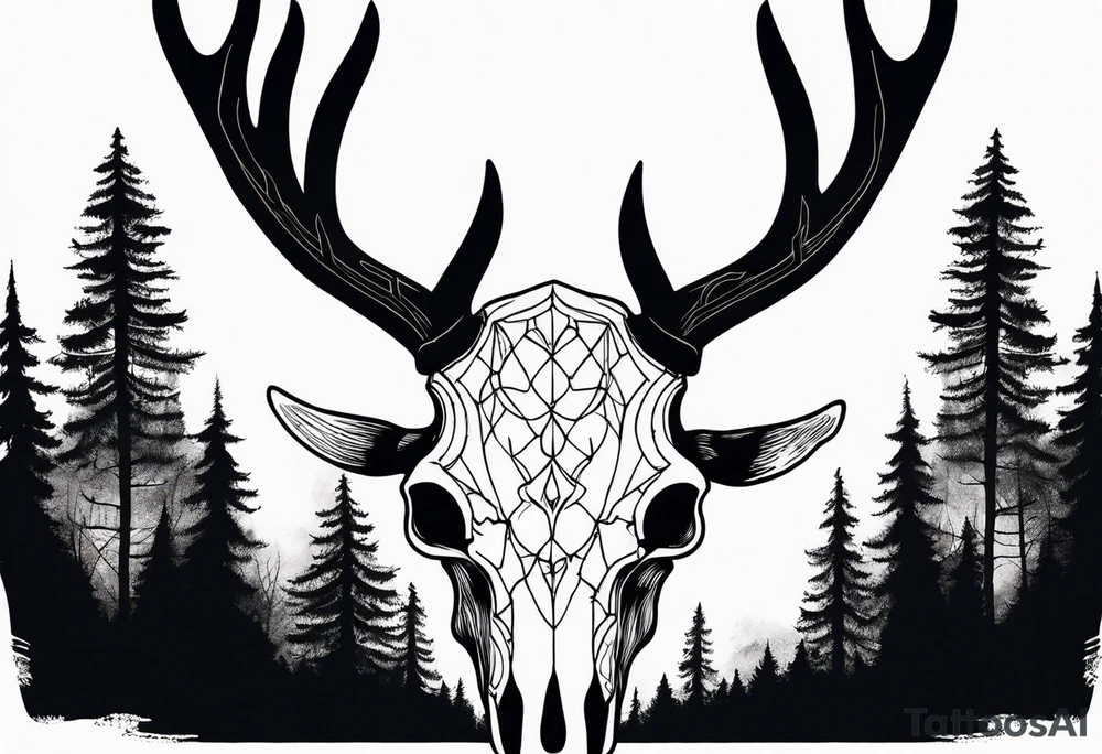A side view of decayed deer skull surrounded by trees and fire tattoo idea