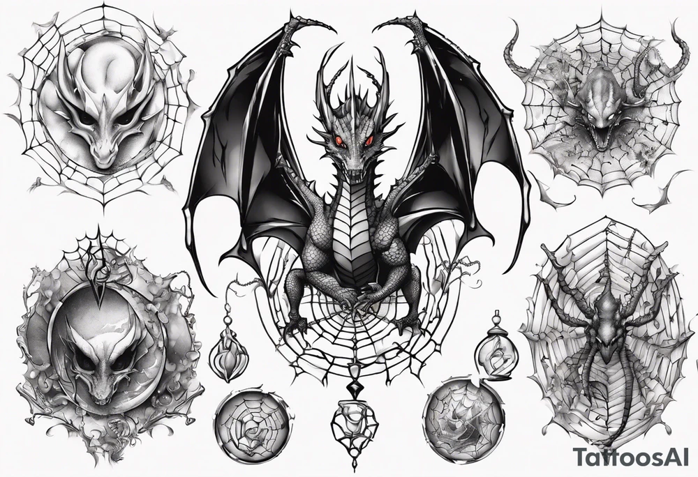 Dragon in a spiral spiderweb with jewels and shattered chalices and one spider tattoo idea