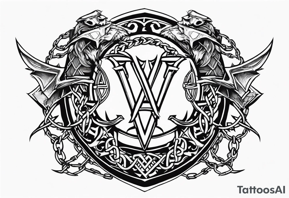 Valhalla sword shield dragon axe Valknut barbed wire chains tattoo idea Valhalla sword shield dragon axe Valknut barbed wire chains tattoo idea
