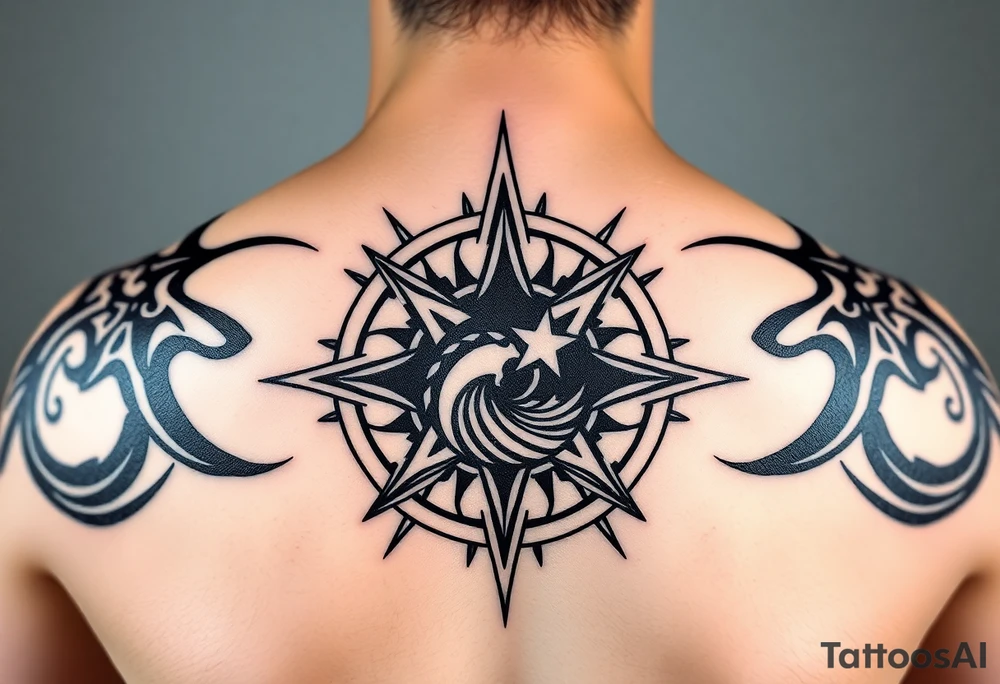 A sharp edged rip curl wave inside of a compass rose tattoo idea