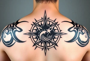 A sharp edged rip curl wave inside of a compass rose tattoo idea