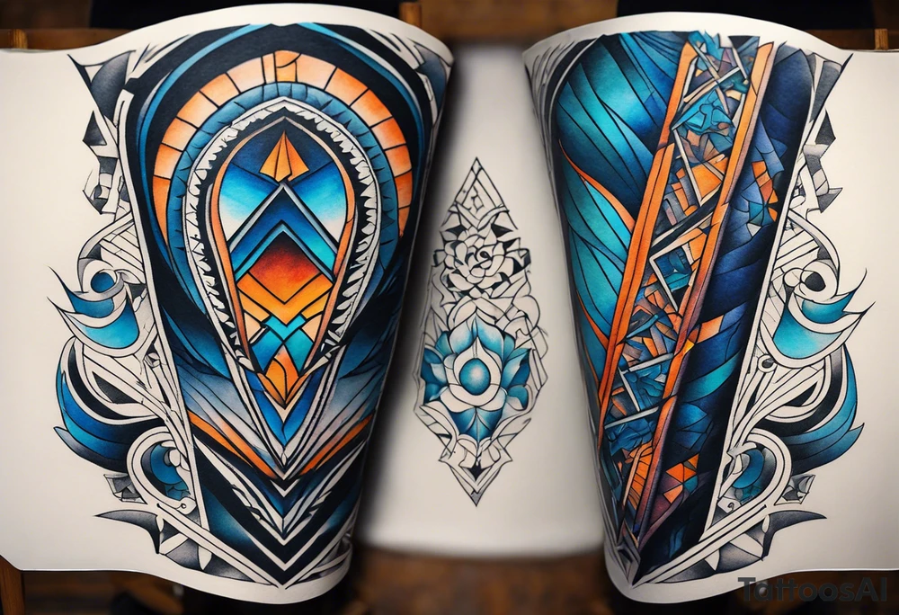 semi Detailed neo traditional knee tattoo flat on paper. The tattoo features geometric patterns and bold lines, creating a visually striking design with slight tints of deep fall colors. The background 
outside the tattoo features deep blues washes and water swirls tattoo idea