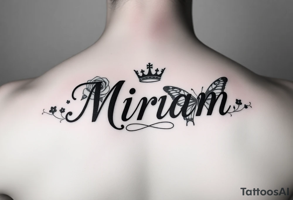 Name tattoo that’s says Miriam with a rose, crown, and butterfly tattoo idea