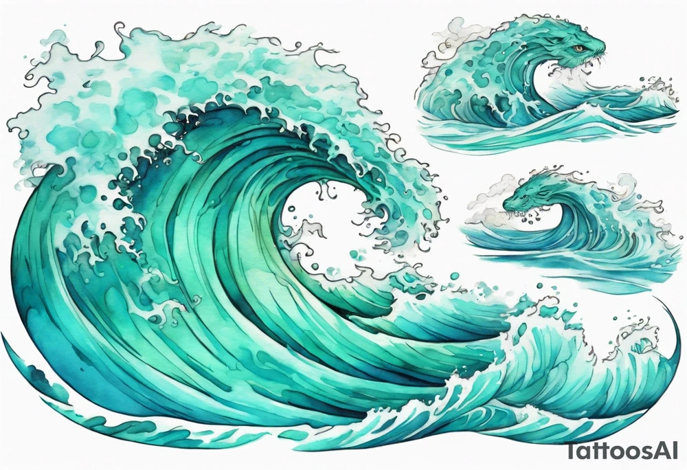 a beautiful chubby turquoise gorgon emerging from an ocean wave, crashing onto the shore tattoo idea