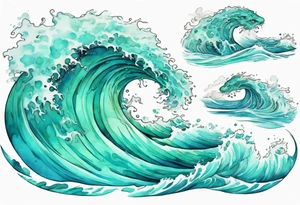 a beautiful chubby turquoise gorgon emerging from an ocean wave, crashing onto the shore tattoo idea