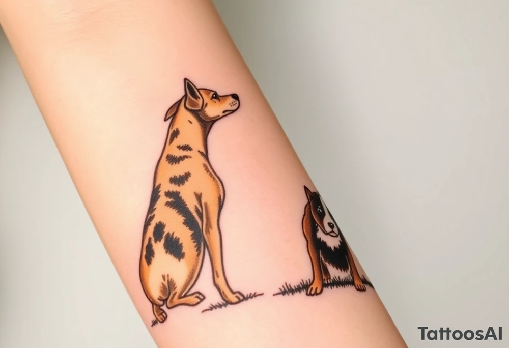 a mertle austrailian cattle dog with a tan pitbull standing look out into the sunset tattoo idea