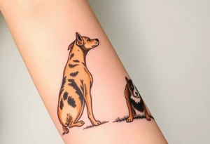 a mertle austrailian cattle dog with a tan pitbull standing look out into the sunset tattoo idea