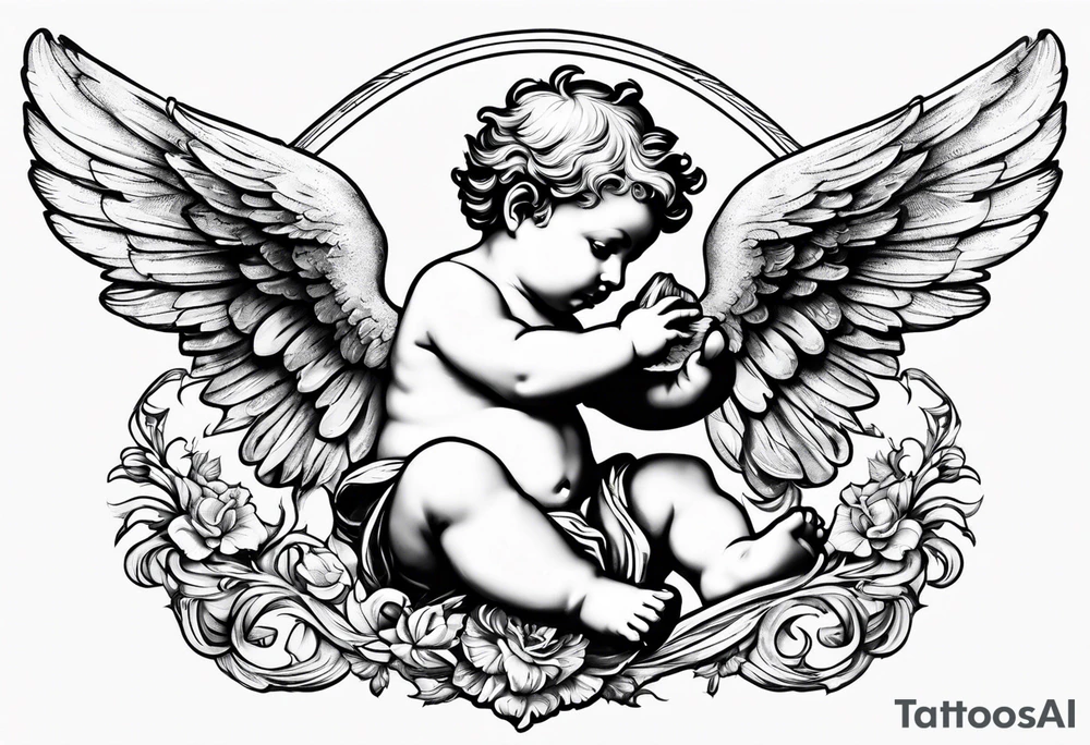 renaissance style cherub flying with teddy bear tattoo idea