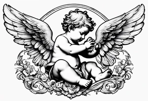 renaissance style cherub flying with teddy bear tattoo idea