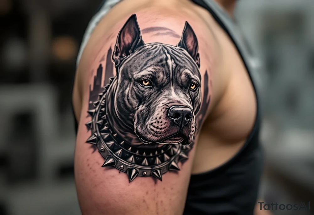 Staffbull with Spiked Collar and Urban Background
Muscular black-and-white Staffbull wearing a silver spiked collar, standing in front of a faded city skyline. Grayscale with bold outlines. tattoo idea
