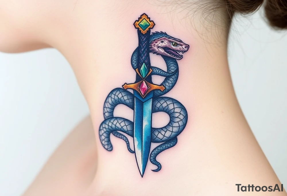 mystical snake coiled around an ancient dagger with jeweled hilt tattoo idea