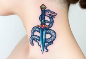 mystical snake coiled around an ancient dagger with jeweled hilt tattoo idea