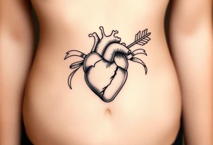 anatomical heart pierced by ornate arrow with flowing ribbons tattoo idea