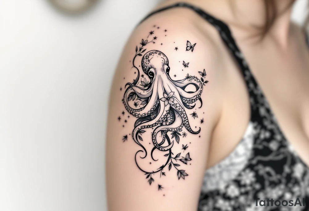 fine-line tattoo, single octopus, flowers butterflies composition, tentacles floral vines, flowing botanical tentacles, sacred geometry, overlapping blossoms body, butterfly wing body, minimalist elegant design, nature-inspired, delicate black grey lines, soft shading, no outlines, outline-free design, floral octopus, botanical sea creature, organic flow, upper arm shoulder placement, light airy feel, poetic minimalism, vine-shaped tentacles, petal tentacle flow, blossom overlapping, wing composition, delicate linework, soft botanical shading, nature creature fusion, minimalist intricacy, elegant simplicity, flowing organic movement, shoulder arm curve, lightweight design, subtle detail work, refined botanical elements, understated complexity, clean minimalist lines, gentle nature fusion tattoo idea