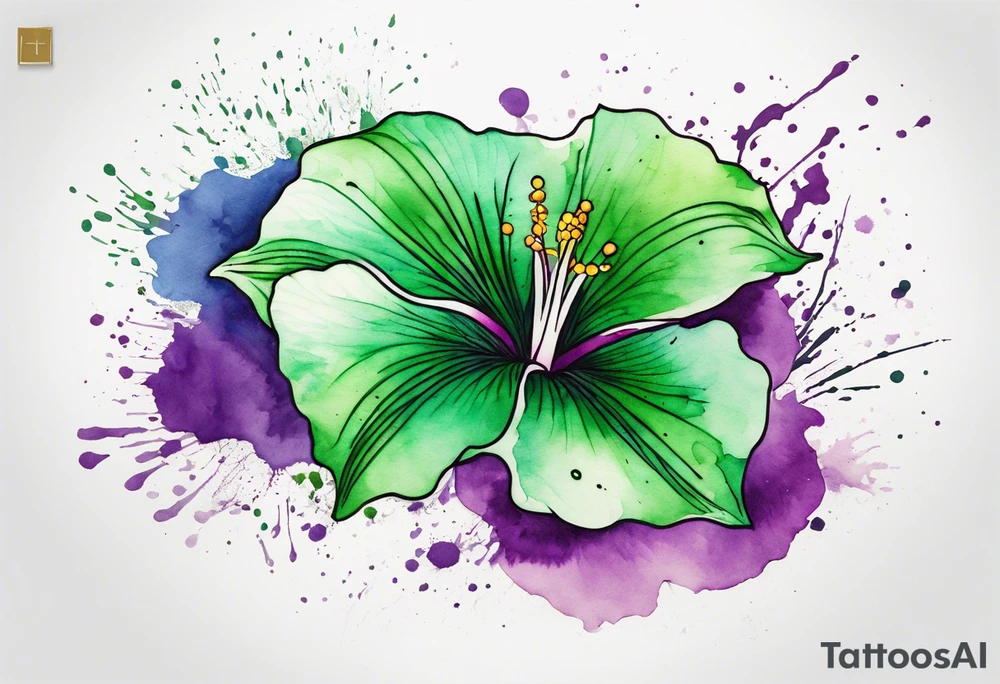 An outline of a green rio dipladenia flower and a green and purple watercolor splash in the background tattoo idea