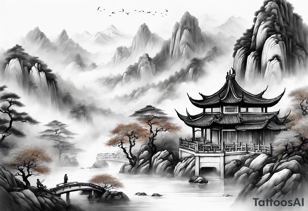 forearm sleeve traditional chinese art painting style autumn mountains mist fog water Chinese temple 2 males wearing robes seated drinking tea far away in the distance tattoo idea