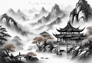 forearm sleeve traditional chinese art painting style autumn mountains mist fog water Chinese temple 2 males wearing robes seated drinking tea far away in the distance tattoo idea