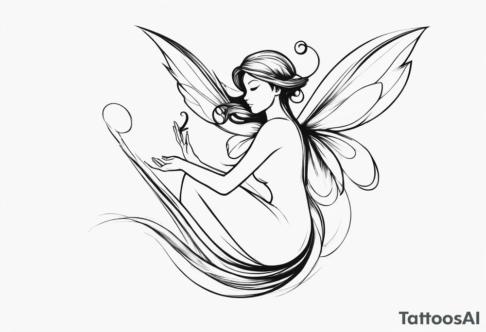 Minimalistic, monochromatic fairy with a tail flying to the left in a fetal position, leaning and looking in the same direction, with visible hands, embodying the 'Fairy Tail' logo aesthetic. tattoo idea