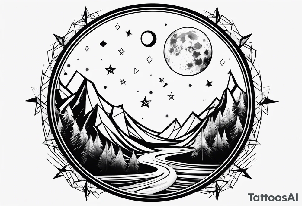 geometric simple moon with triangles and stars tattoo idea