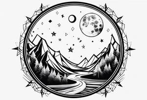 geometric simple moon with triangles and stars tattoo idea