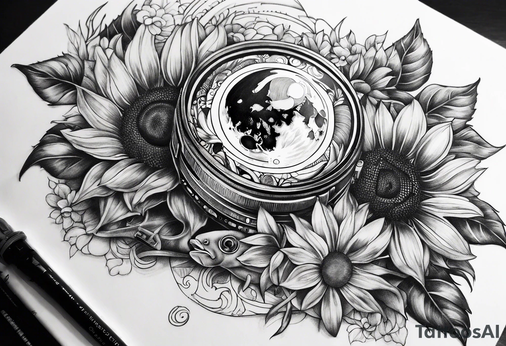 sunflower, camera, fish, moon tattoo idea