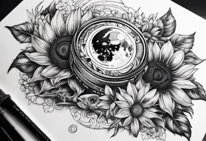 sunflower, camera, fish, moon tattoo idea