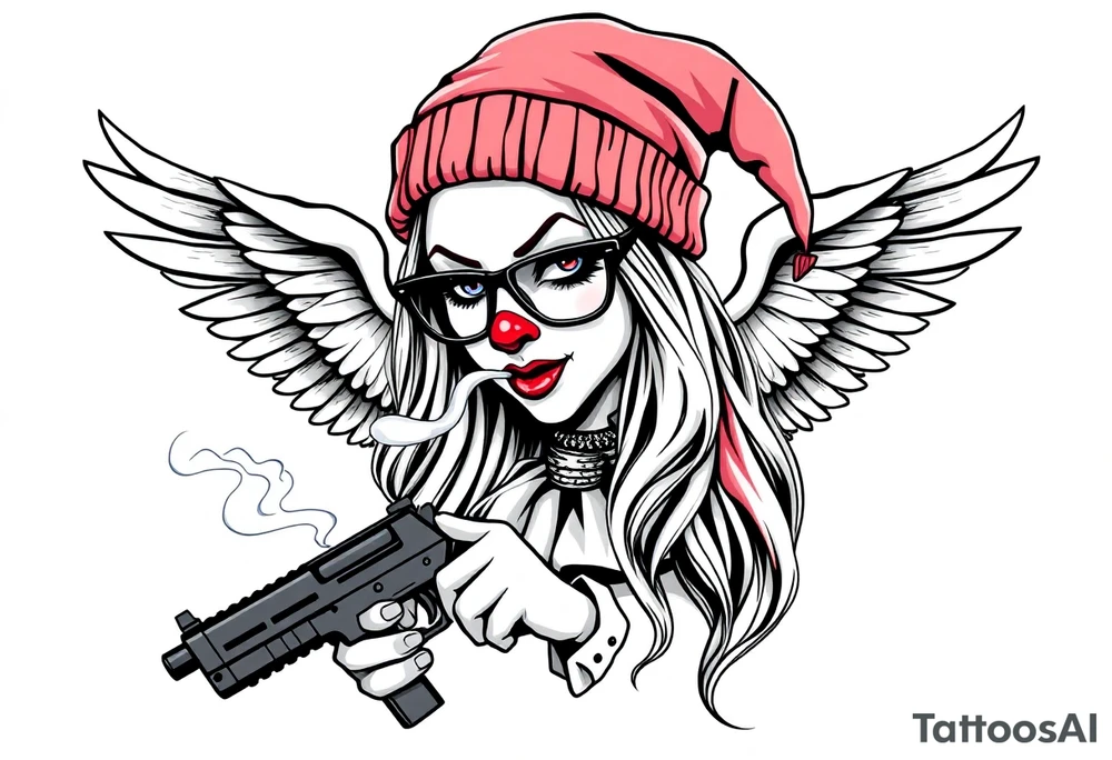 beautiful long hair Clown Girl thug beanie eyeglasses angel wings Gun smoke tattoo idea