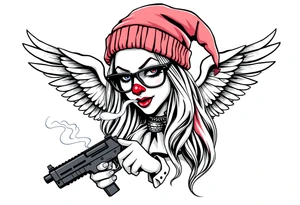 beautiful long hair Clown Girl thug beanie eyeglasses angel wings Gun smoke tattoo idea