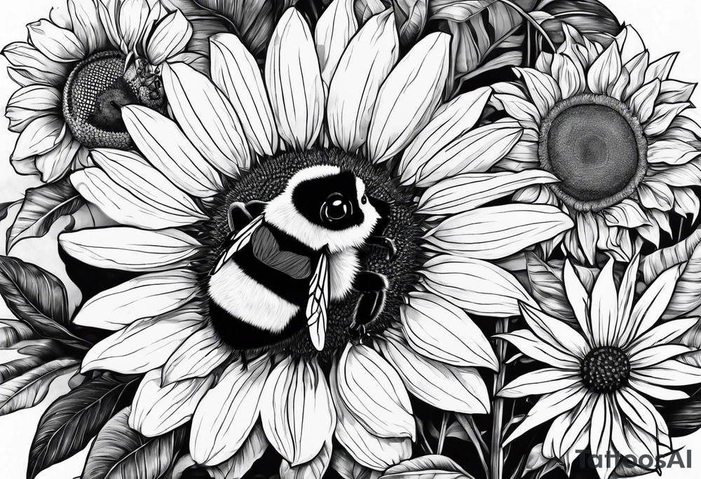 Jungle Scene featuring a bumble bee, a lemur, and a sunflower tattoo idea