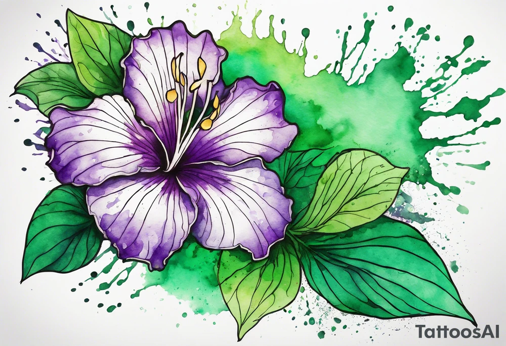 An outline of an only green rio dipladenia flower and a green and purple watercolor splash in the background tattoo idea