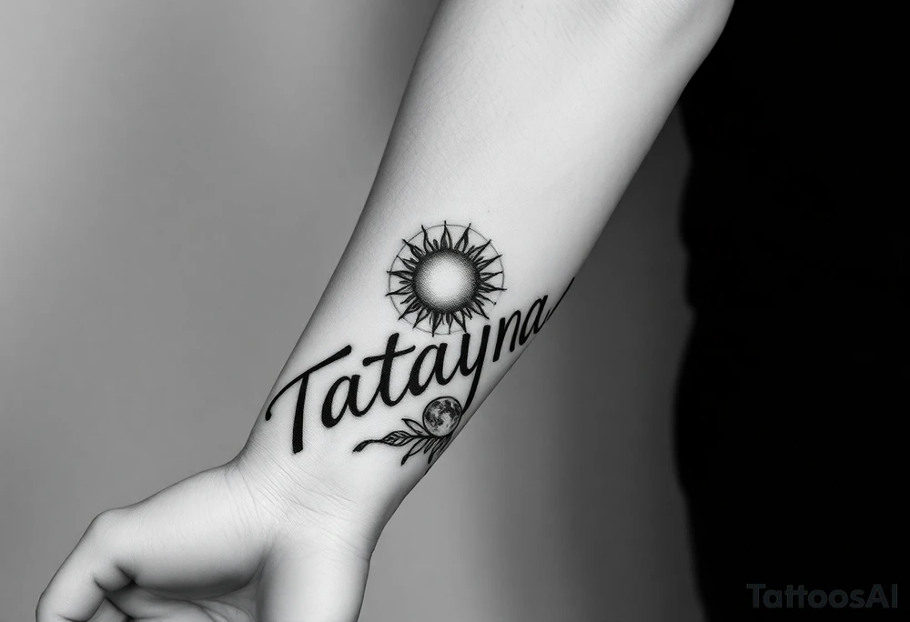Forearm tattoo for a man using the name “Tatayana” Starting from the wrist, stretching to the elbow with the sun and moon Incorporated tattoo idea