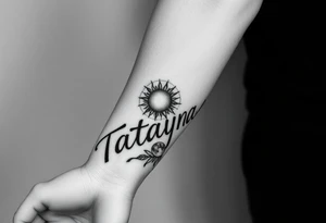 Forearm tattoo for a man using the name “Tatayana” Starting from the wrist, stretching to the elbow with the sun and moon Incorporated tattoo idea