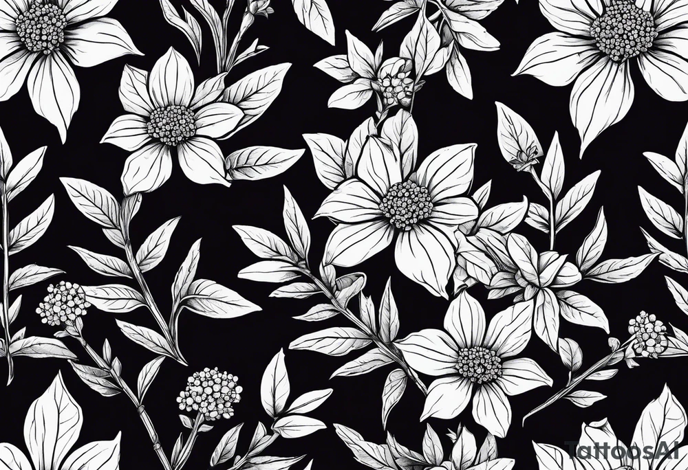 3 Vervain (Verbena) flowers with small leaves around them. tattoo idea