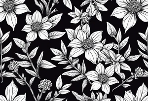 3 Vervain (Verbena) flowers with small leaves around them. tattoo idea