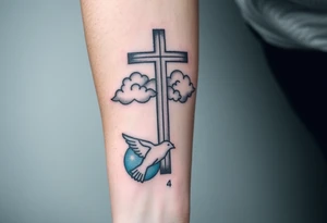 Big cross with clouds in the back with a dove a the bottom left of the forearm with a blue circle around it and the number 4 to the of the dove. tattoo idea