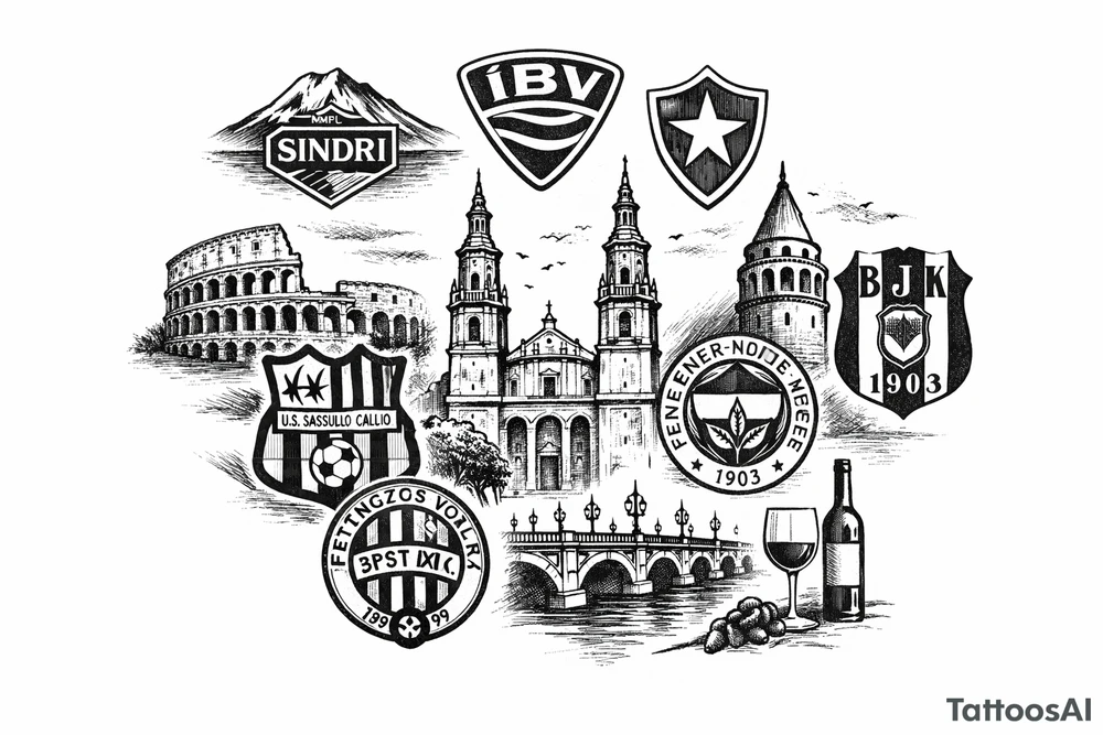 Iceland x3 (sindri, ibv, stjarnan)
Italy x2 (Verona, Sassuolo)
Spain (Logrono) 
Turkey x2 (Fenerbahce, Besiktas)
Hungary (Fradi)
France (Bordeaux) Something small that contains these countries or clubs tattoo idea