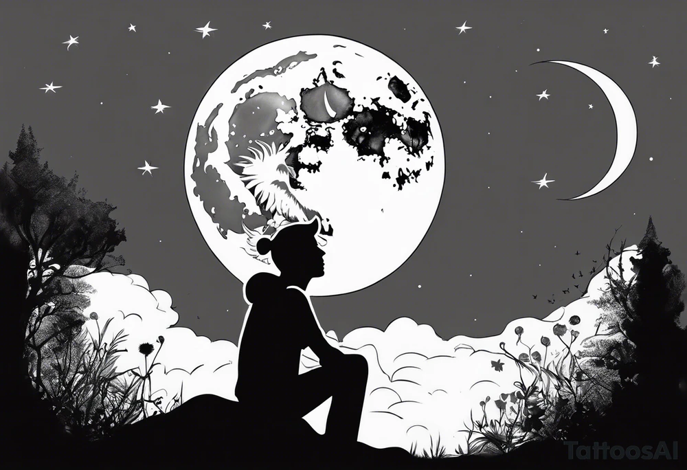 man asking the moon for a fairy to appear tattoo idea