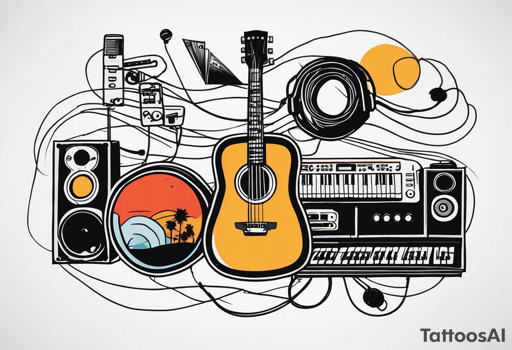 Lines and cables weave and interconnect keyboards, drums, guitars, speakers, headphones, and cassette tapes. tattoo idea