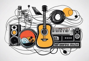 Lines and cables weave and interconnect keyboards, drums, guitars, speakers, headphones, and cassette tapes. tattoo idea