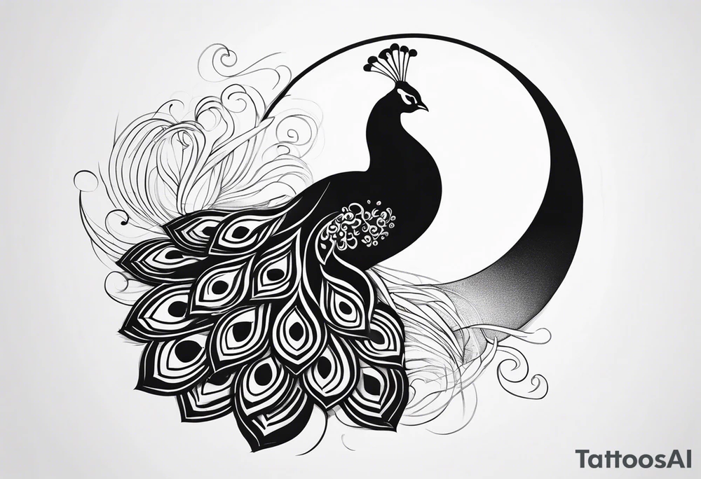black and white peacock, moon above, infinity symbol tattoo idea
