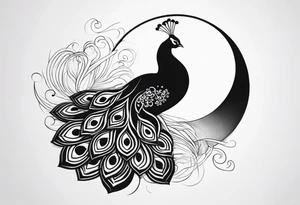 black and white peacock, moon above, infinity symbol tattoo idea