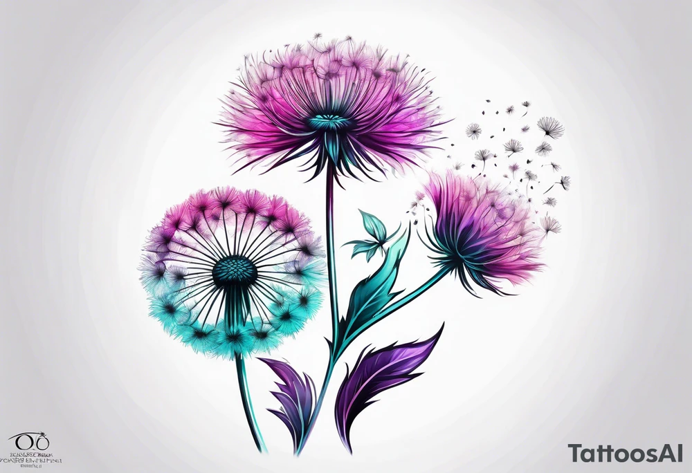 Pink purple and teal dandelion flower tattoo idea