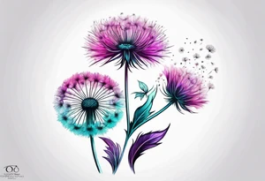 Pink purple and teal dandelion flower tattoo idea